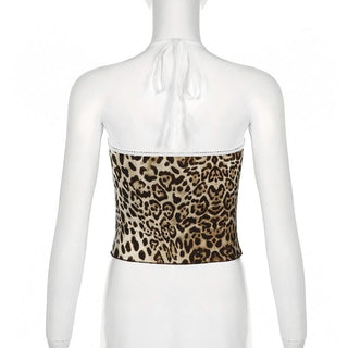 Leopard print halter v neck flower applique cami top