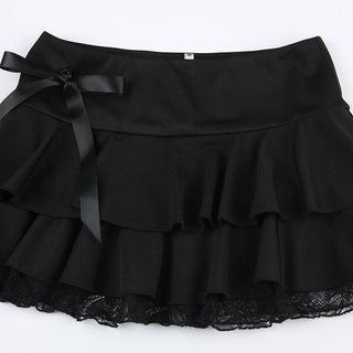 Bowknot solid ruffle lace hem low rise mini skirt