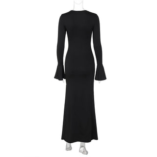 Long flared sleeve v neck ruched maxi dress