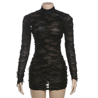 Long sleeve high neck see through hollow out cut out mini dress