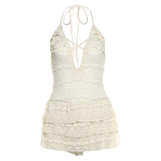 Halter self tie see through v neck hollow out cut out mini dress
