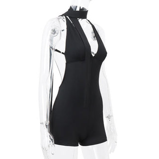 Deep V neck cross back backless ruched solid cami romper