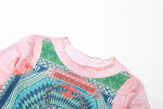 Long sleeve crewneck contrast abstract mesh top