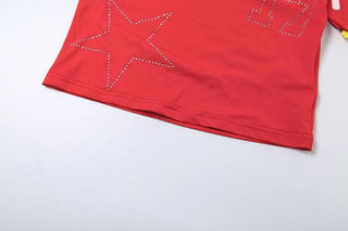 Short sleeve one shoulder â€œsuper starâ€ print top