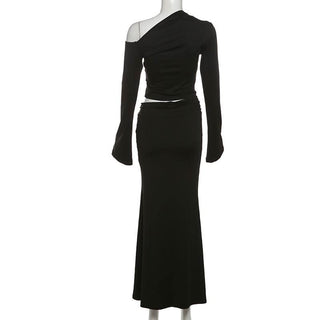 Long sleeve one shoulder flower applique maxi skirt set