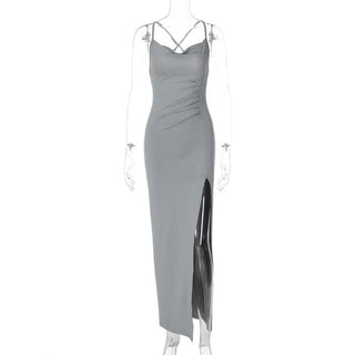 Cowl neck slit ruched cross back midi dress