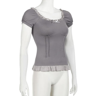 Short puff sleeve stitch ruffle bowknot top