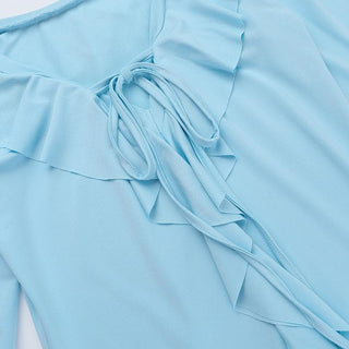 Long flared sleeve ruffle self tie mini dress
