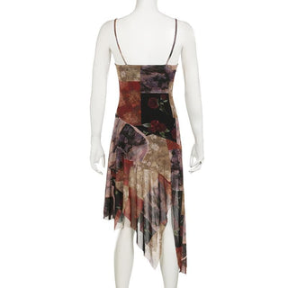 U neck ruffle irregular patchwork print cami midi dress