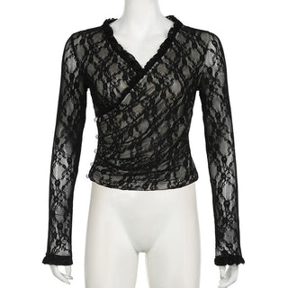 Long sleeve v neck lace button top
