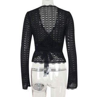 Long flared sleeve v neck lace hem knotted top