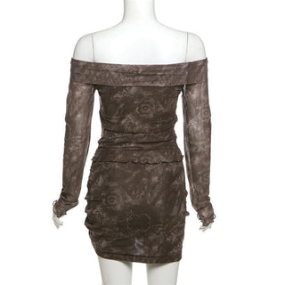 Long sleeve off shoulder ruffle ruched drawstring mini skirt set