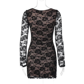 Long sleeve v neck lace contrast patchwork mini dress