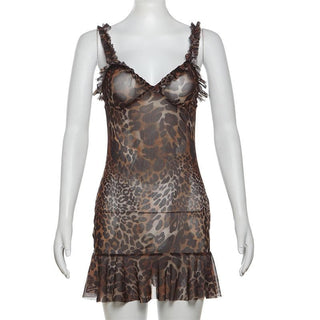 Leopard print v neck ruffle mesh cami mini dress