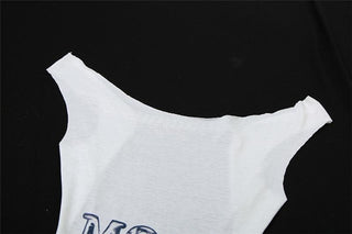 Letter print contrast cowl neck sleeveless metal chain mini dress