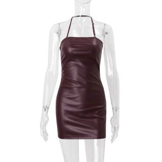 Halter PU leather mini dress