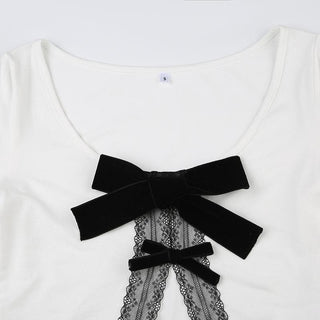 Long sleeve bowknot lace hem u neck slit top