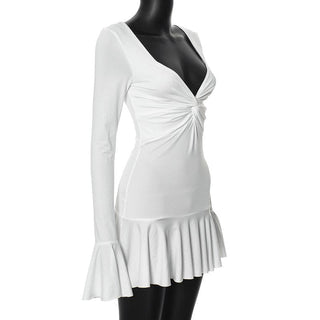 Long flared sleeve ruched v neck solid mini dress