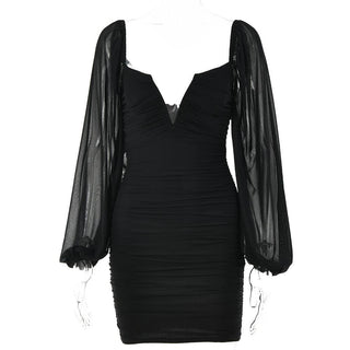 Mesh solid long sleeve ruched notch neck zip-up mini dress
