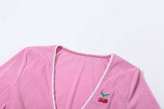 Long sleeve v neck cherry embroidery self tie pant set