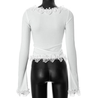 Long sleeve lace hem button ribbed u neck solid top