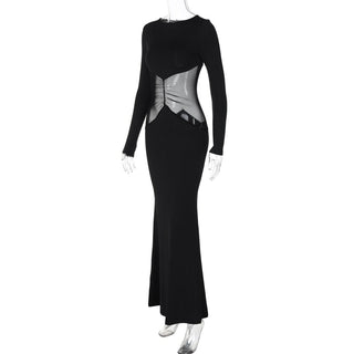 Long sleeve crewneck mesh patchwork maxi dress