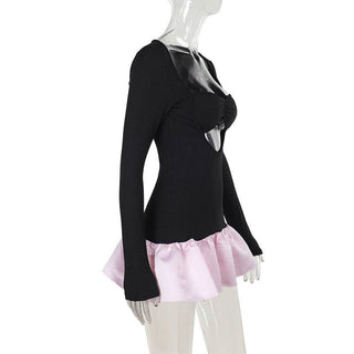 Long sleeve hollow out ribbed ruffle v neck cut out mini dress