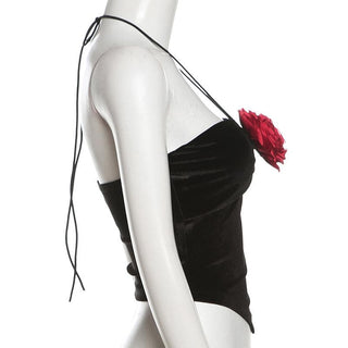 Halter velvet flower applique backless top
