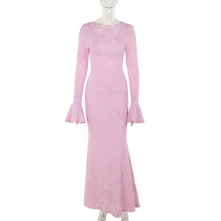 Crewneck long sleeve lace up flower pattern maxi dress-final-sale