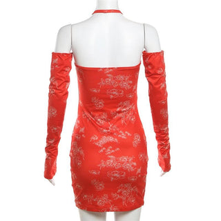 Halter gloves print ruched backless mini dress