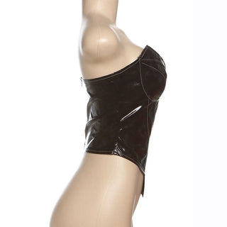 Brown zip-up PU leather backless tube top