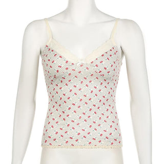 V neck cherry print bowknot lace hem polka dot cami top