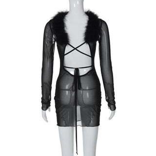 Long sleeve sheer mesh feather ruffle backless mini dress