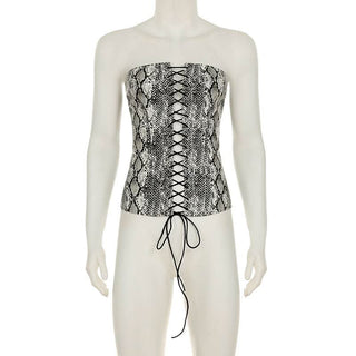 Snakeskin print corset lace up tube top