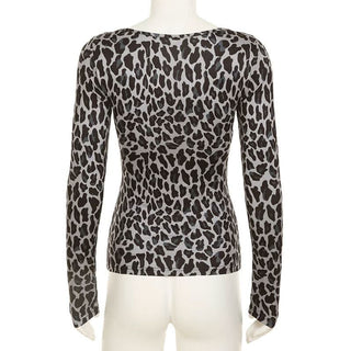 Leopard print long sleeve v neck lace hem bowknot top