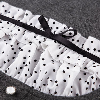 Ruffle polka dot patchwork button long sleeve contrast top