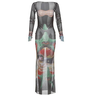 Long sleeve mesh hollow out print see through cut out maxi dress
