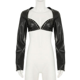 PU leather sweetheart neck long sleeve crop top