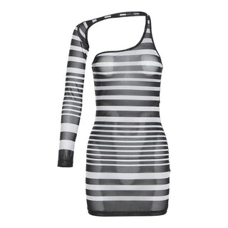 Irregular sheer mesh see through one shoulder striped mini dress