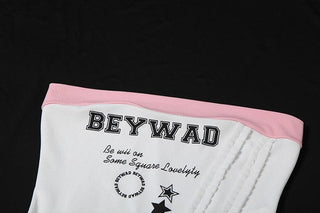 Ribbed â€œBEYWADâ€ print patchwork ruffle tube top