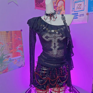 One shoulder long sleeve buckle cross pattern top