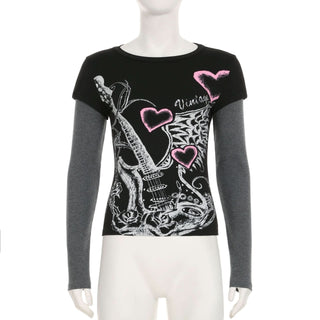 Long sleeve crewneck abstract print patchwork top