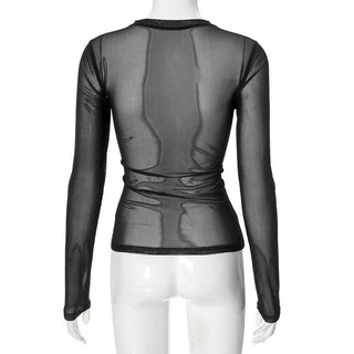 Long sleeve crewneck figure print sheer mesh top