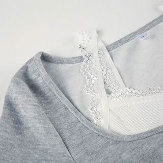 U neck long sleeve lace hem drawstring 2 piece top