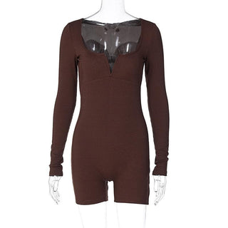 Ribbed notch neck long sleeve solid romper