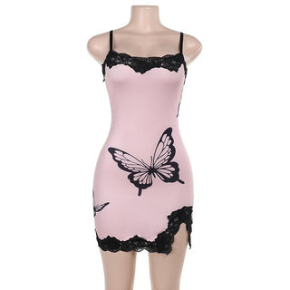 Lace hem butterfly print slit cami mini dress