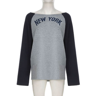 long sleeve "NEW YORK" print contrast top
