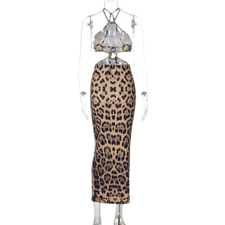 Leopard print halter o ring backless maxi dress