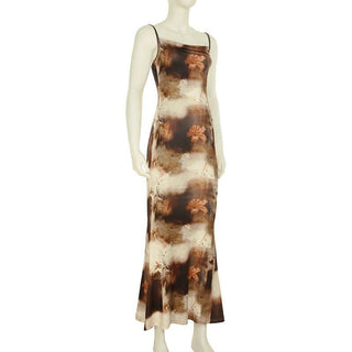 Square neck contrast flower print cami maxi dress