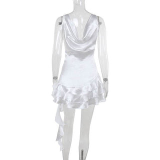 Ruffle deep V neck ruched irregular solid mini dress